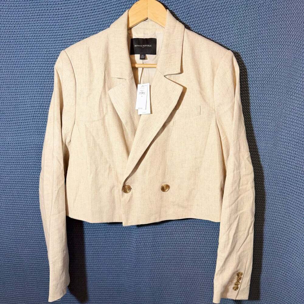 Banana Republic Cropped Double Breasted Blazer Size 12 Beige Linen